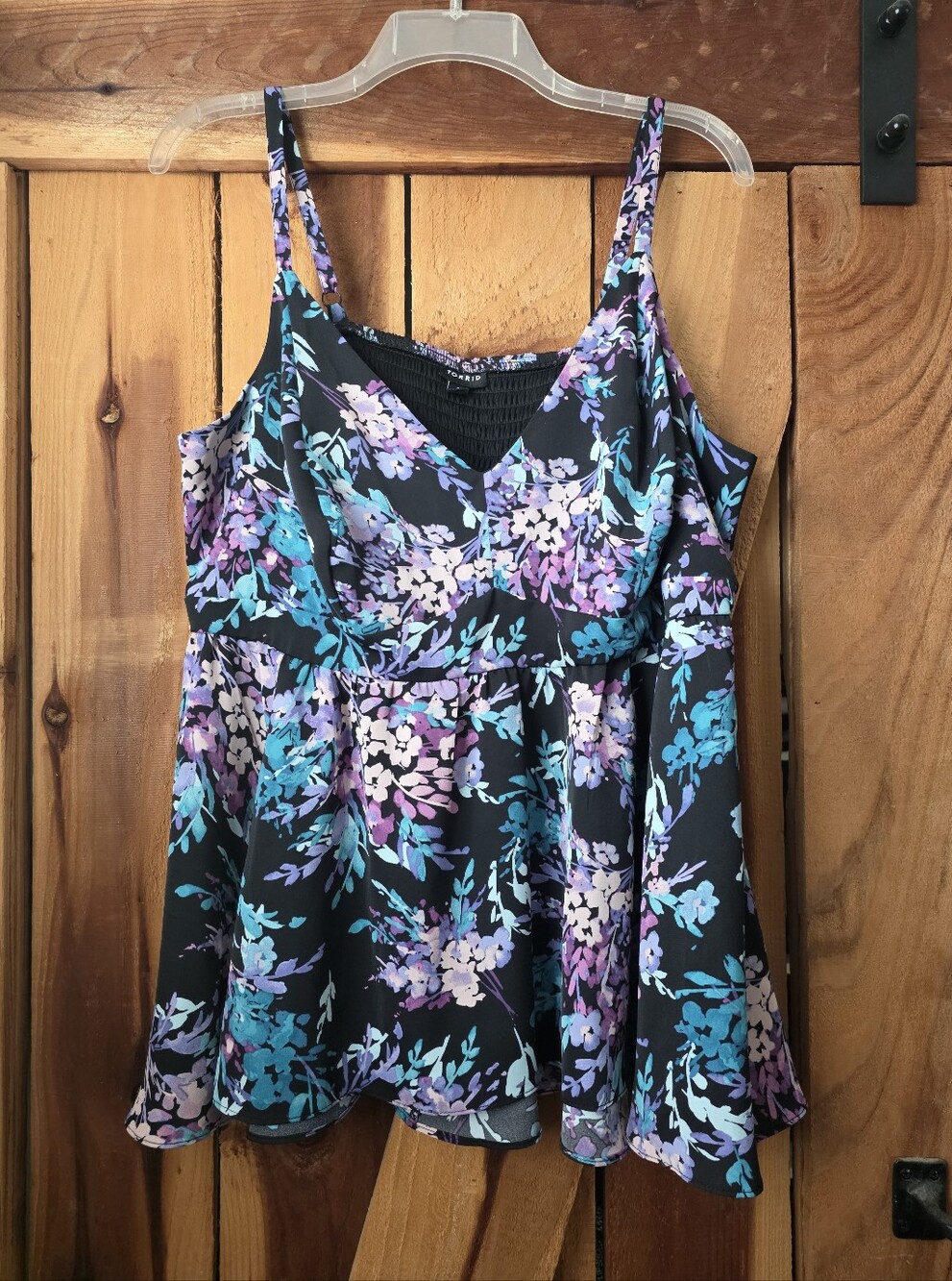 Torrid V-Neck Spaghetti Strap Tank Top - Black with Teal & Lavender Floral Print